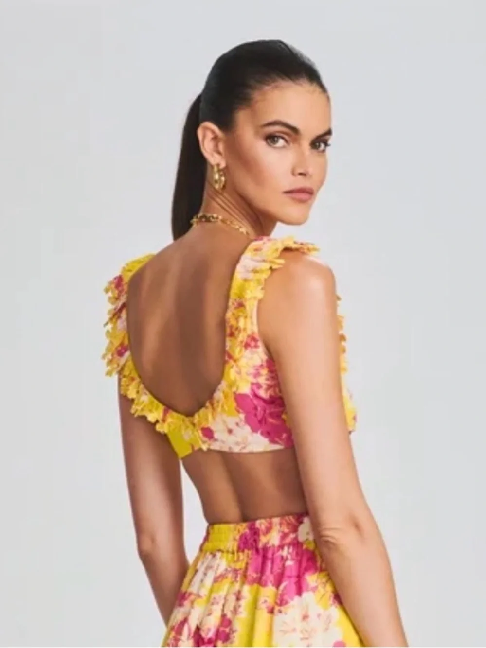 Hemant & Nandita Auril Floral Ruffle Crop Top NWT XXS Yellow Linen Retrofete